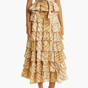 Ulla Johnson Margot Tie Dye Tiered Ruffle Cotton Blend Midi Skirt In Sand Sz 00
